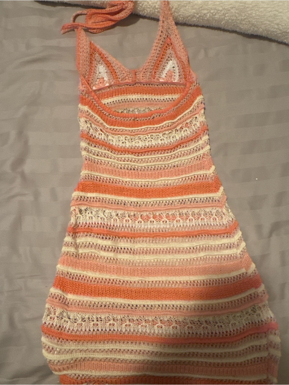 Women’s Crochet Stripe Halter Dress in Peach & Cream